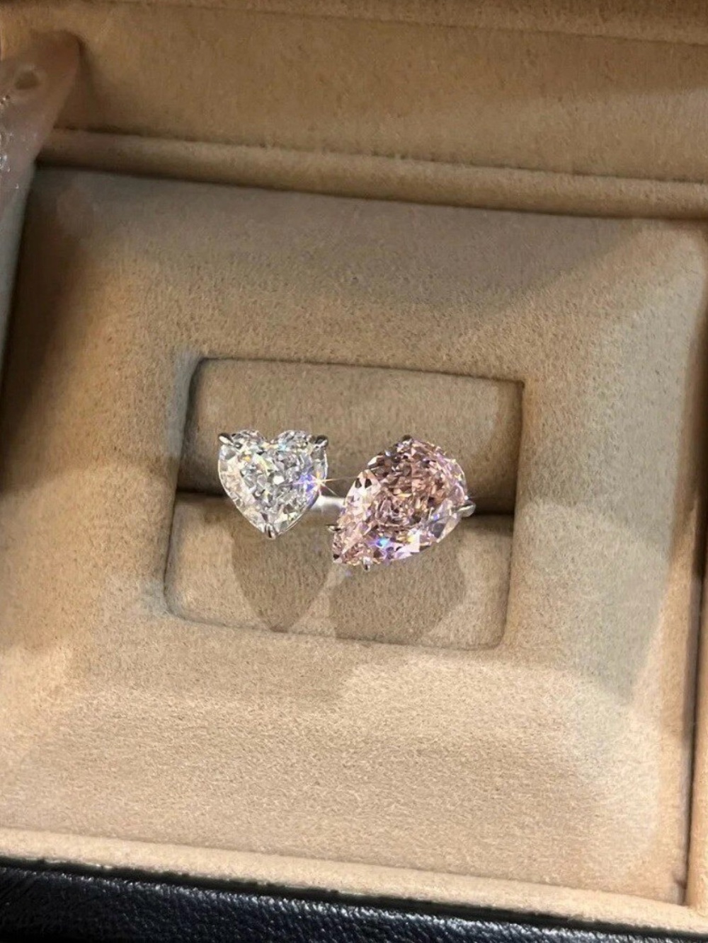 Double Stone Heart & Pear Pink and White Cubic Zirconia Ring